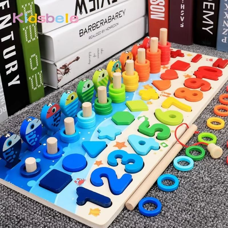 Kids Montessori Math Toy – Educational Wooden Puzzle & Fishing Game with Number and Shape Matching Sorter Board