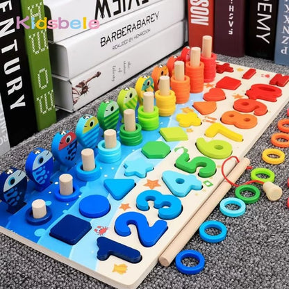 Kids Montessori Math Toy – Educational Wooden Puzzle & Fishing Game with Number and Shape Matching Sorter Board