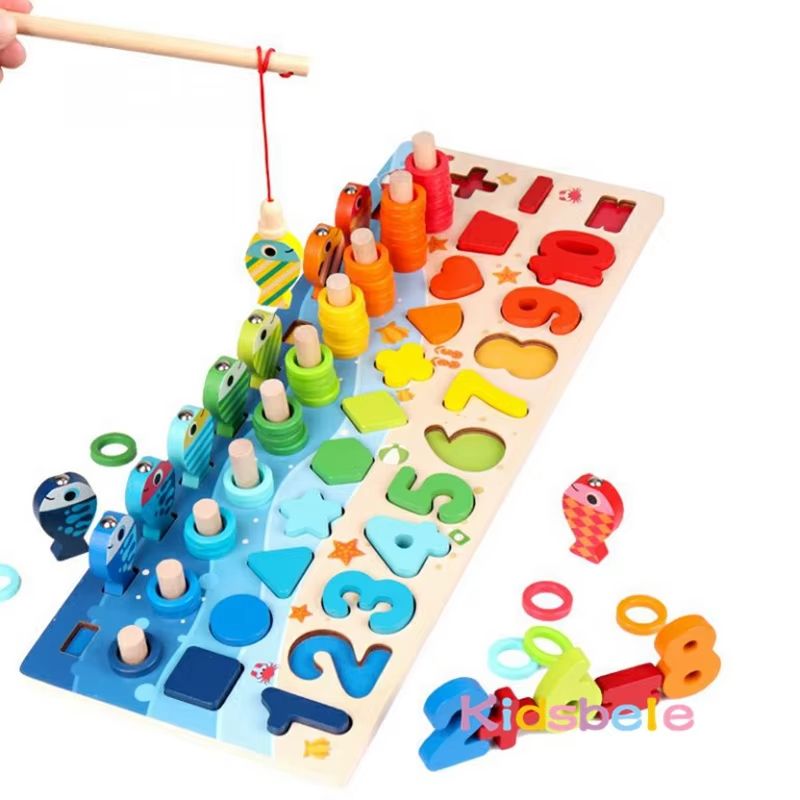 Kids Montessori Math Toy  Educational Wooden Puzzle  Fishing Game With Number And Shape Matching So 1