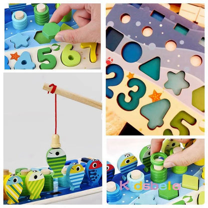 Kids Montessori Math Toy  Educational Wooden Puzzle  Fishing Game With Number And Shape Matching So 4