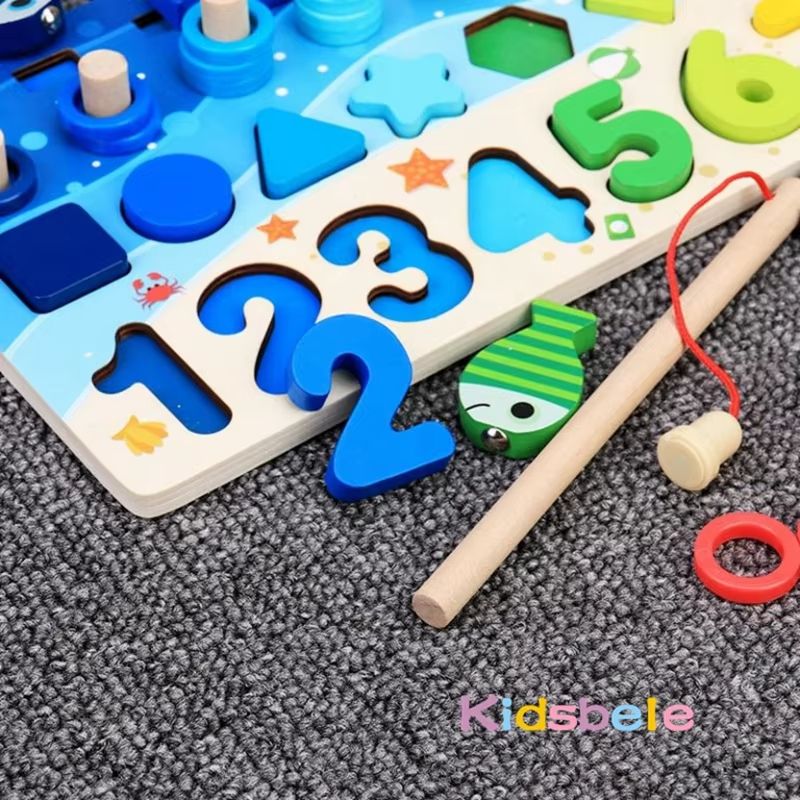 Kids Montessori Math Toy  Educational Wooden Puzzle  Fishing Game With Number And Shape Matching So 5