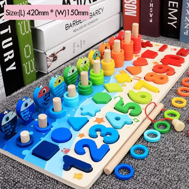 Kids Montessori Math Toy  Educational Wooden Puzzle  Fishing Game With Number And Shape Matching So 6