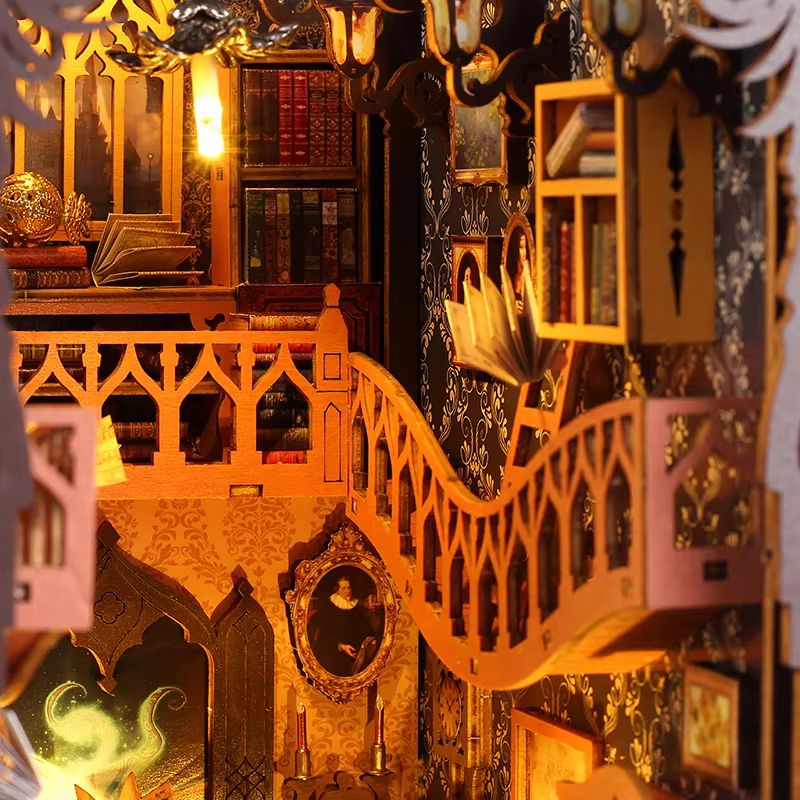 DIY Book Nook Kit Wooden Dollhouse Building Set LED Bookshelf Insert Miniature House Bookend 1