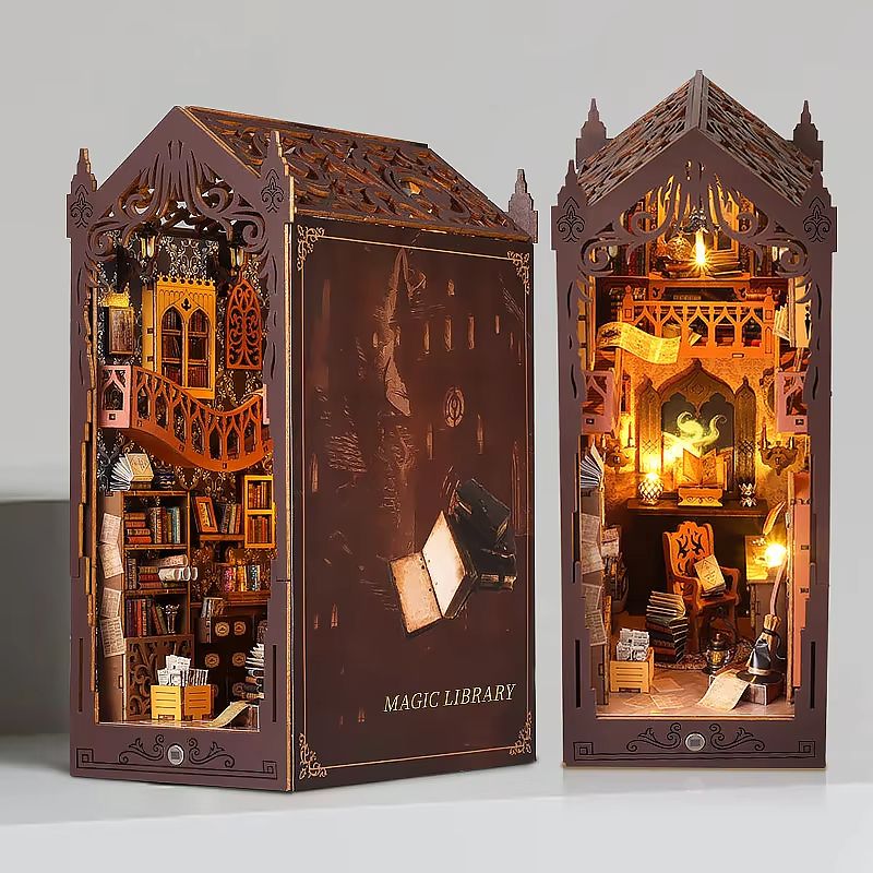 DIY Book Nook Kit Wooden Dollhouse Building Set LED Bookshelf Insert Miniature House Bookend 4
