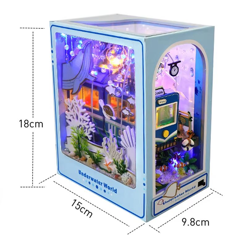 DIY Book Nook Kit Wooden Dollhouse Building Set LED Bookshelf Insert Miniature House Bookend 13