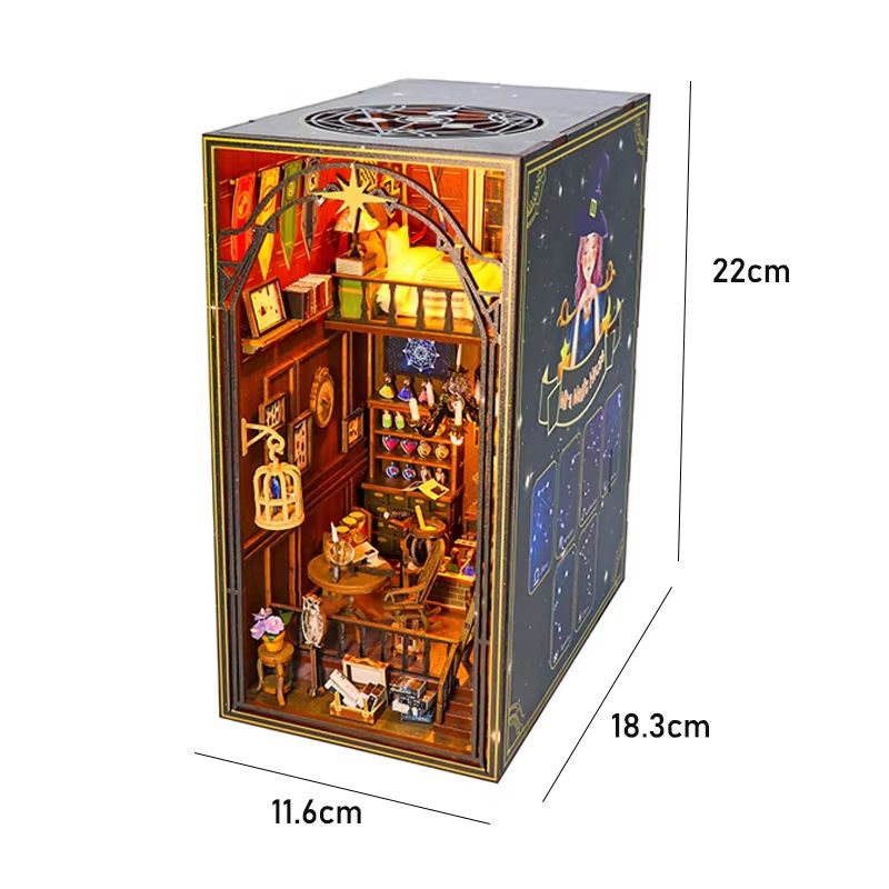 DIY Book Nook Kit Wooden Dollhouse Building Set LED Bookshelf Insert Miniature House Bookend 14