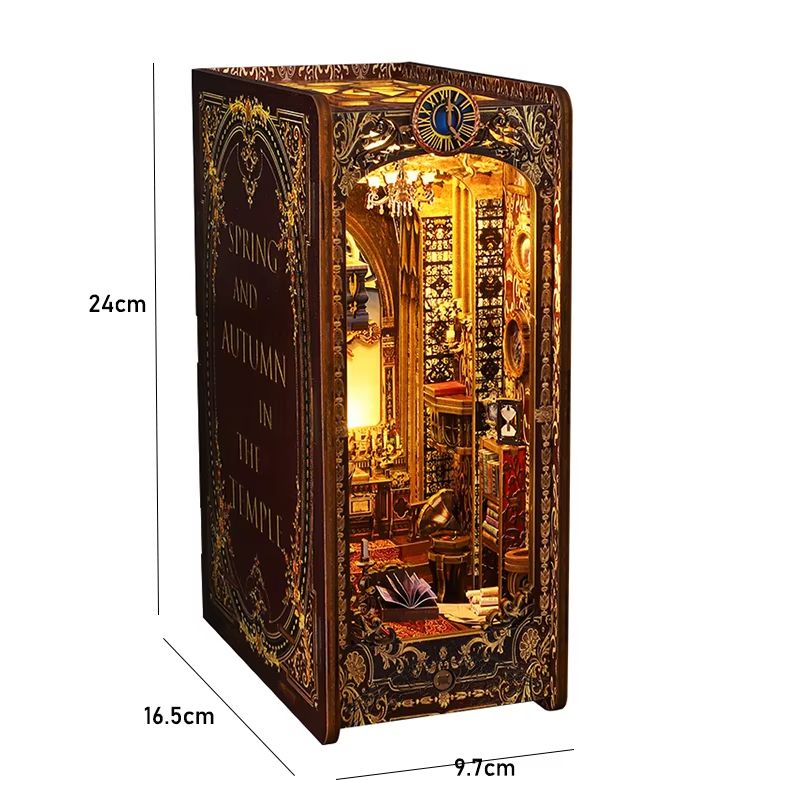 DIY Book Nook Kit Wooden Dollhouse Building Set LED Bookshelf Insert Miniature House Bookend 15