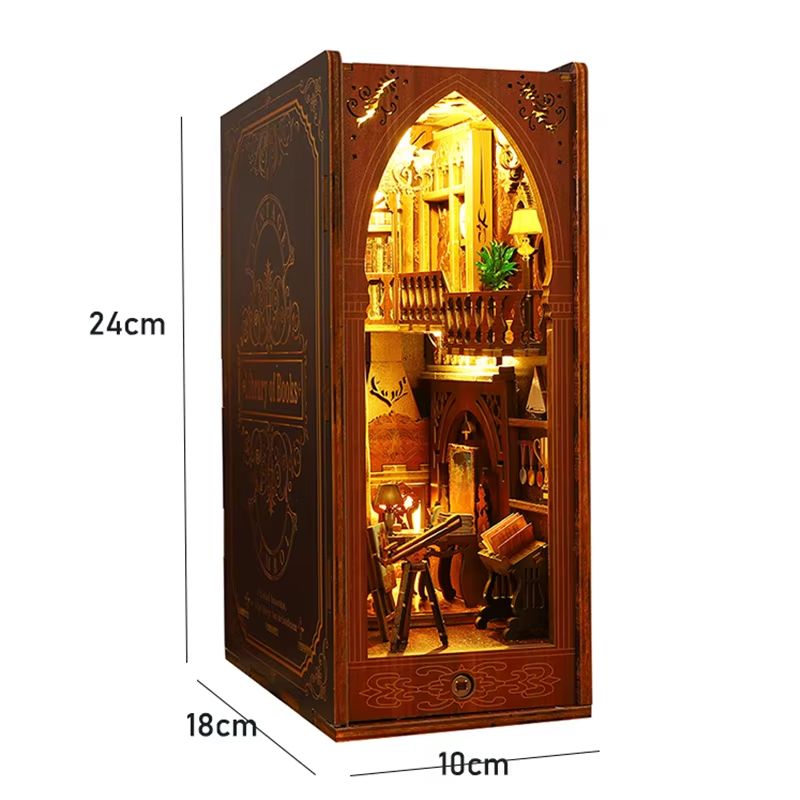 DIY Book Nook Kit Wooden Dollhouse Building Set LED Bookshelf Insert Miniature House Bookend 16