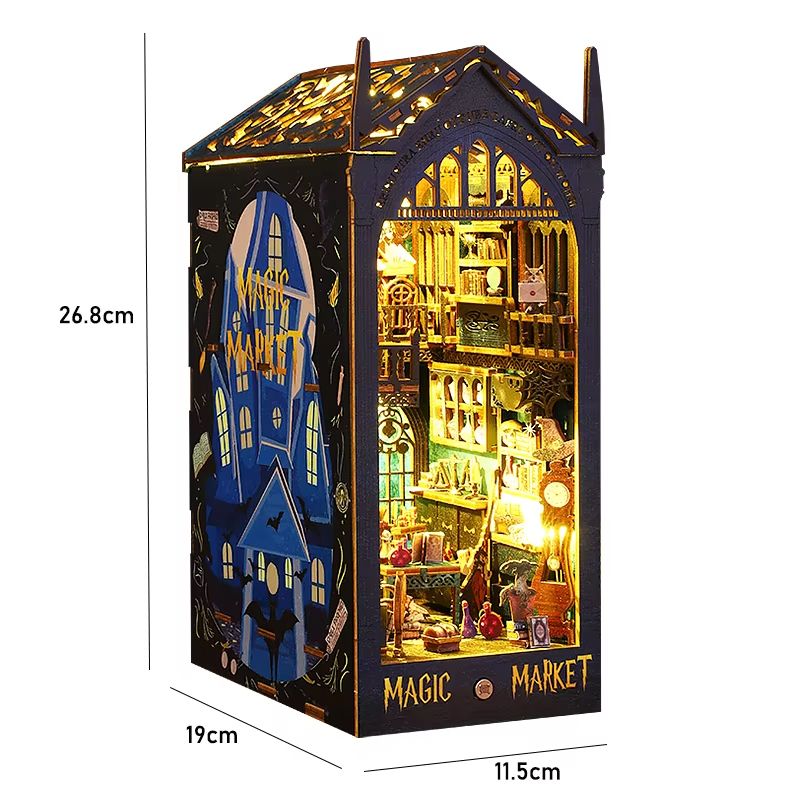 DIY Book Nook Kit Wooden Dollhouse Building Set LED Bookshelf Insert Miniature House Bookend 17