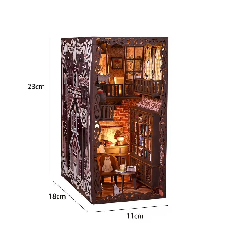 DIY Book Nook Kit Wooden Dollhouse Building Set LED Bookshelf Insert Miniature House Bookend 19