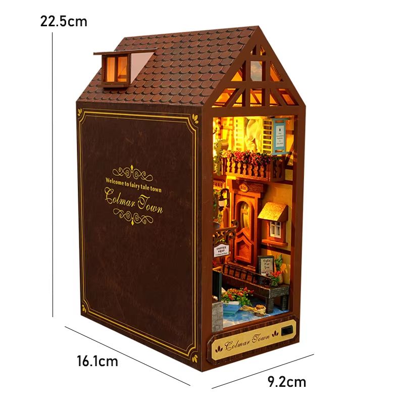 DIY Book Nook Kit Wooden Dollhouse Building Set LED Bookshelf Insert Miniature House Bookend 6