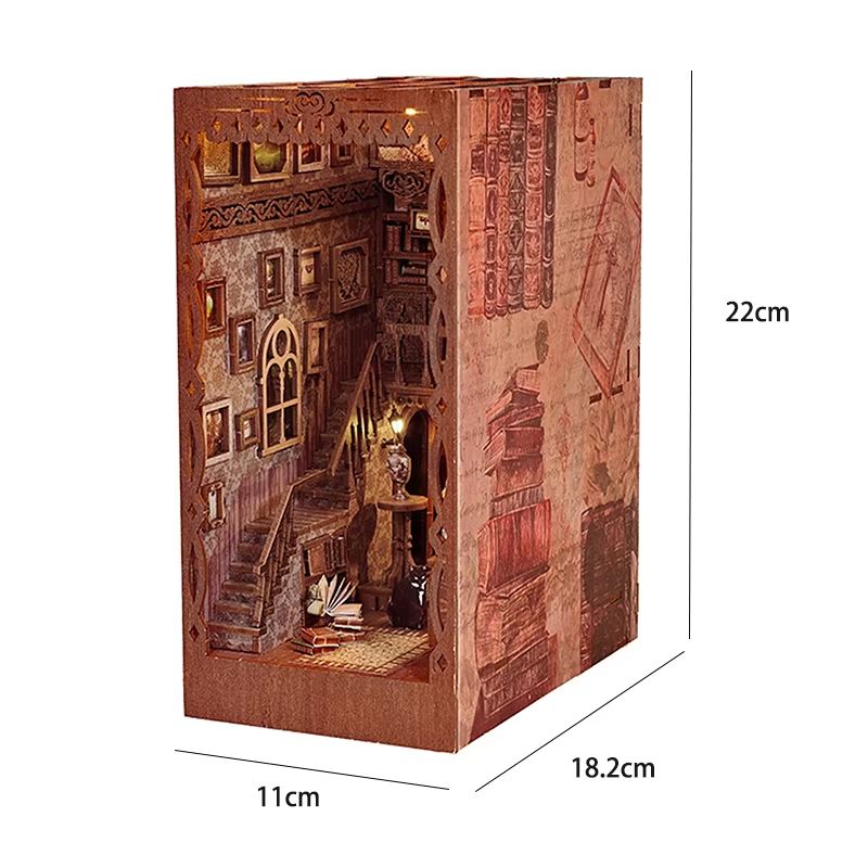 DIY Book Nook Kit Wooden Dollhouse Building Set LED Bookshelf Insert Miniature House Bookend 20