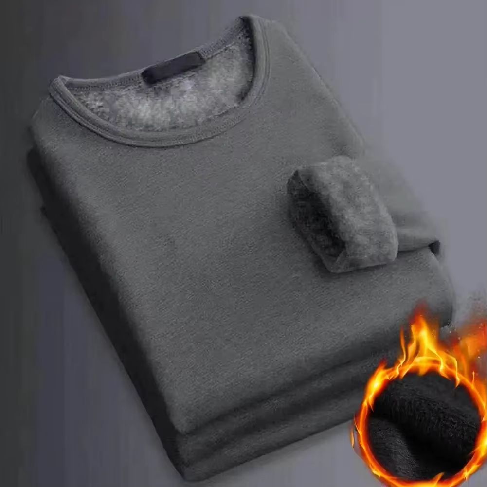 Men Winter Thermal Undershirt Fleece Lined Long Sleeve Round Neck Base Layer Warm Padded Top