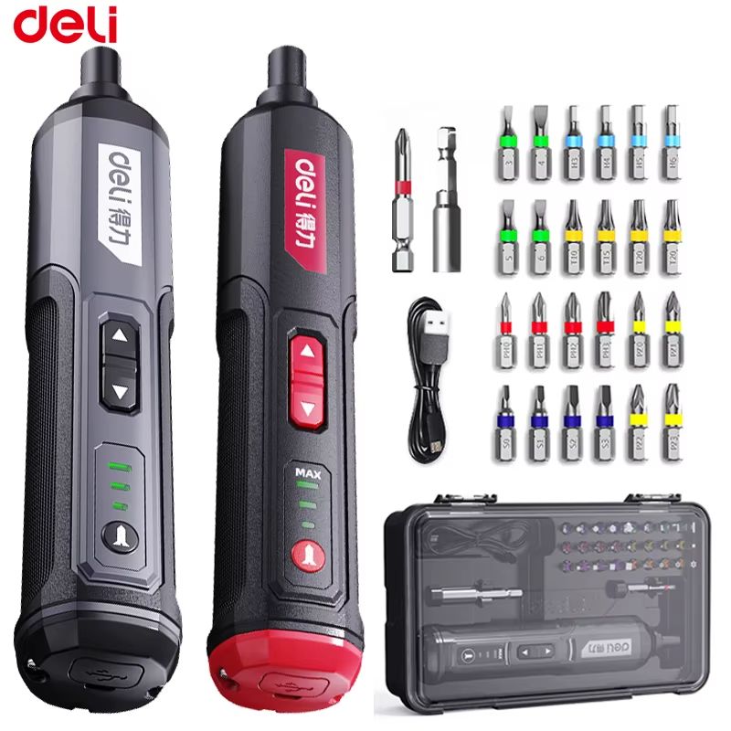 DELI Cordless Electric Screwdriver Set 4V 2000mAh Torque Adjustment Multi-Function Power Drill Repair Tools Kit
