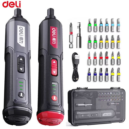 DELI Cordless Electric Screwdriver Set 4V 2000mAh Torque Adjustment Multi-Function Power Drill Repair Tools Kit