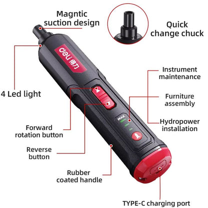 DELI Cordless Electric Screwdriver Set 4V 2000mAh Torque Adjustment MultiFunction Power Drill Repai 1