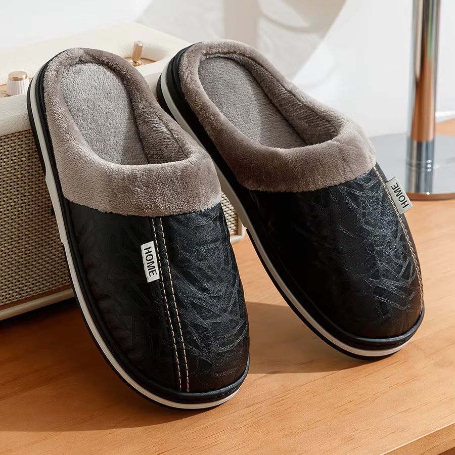 Men Winter Slippers Waterproof PU Leather Fur Lined Indoor Shoes