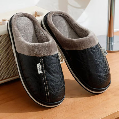Men Winter Slippers Waterproof PU Leather Fur Lined Indoor Shoes