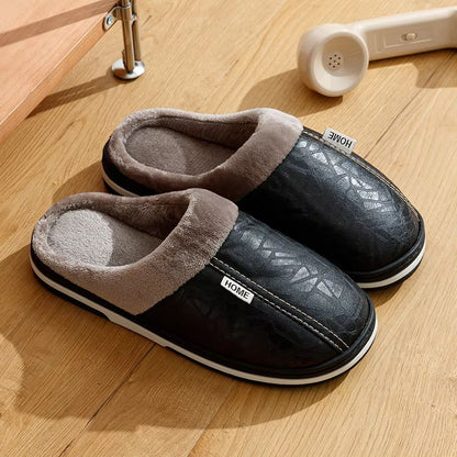 Men Winter Slippers Waterproof PU Leather Fur Lined Indoor Shoes 1