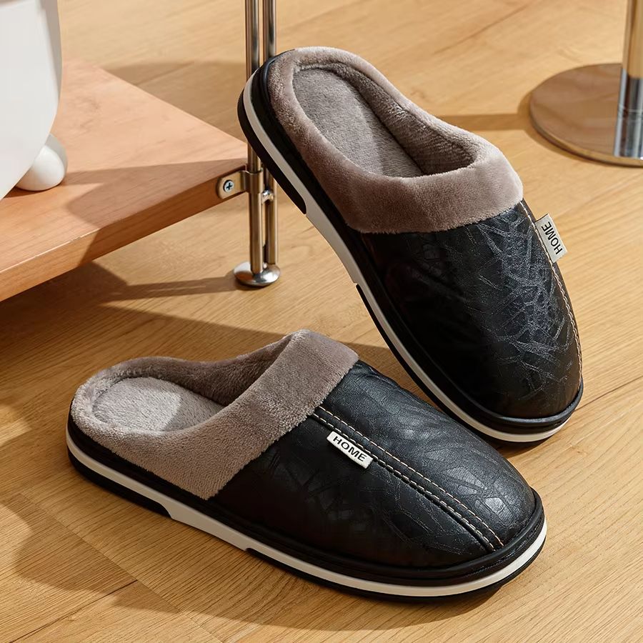 Men Winter Slippers Waterproof PU Leather Fur Lined Indoor Shoes 3