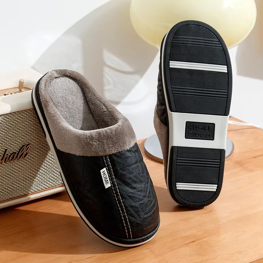 Men Winter Slippers Waterproof PU Leather Fur Lined Indoor Shoes 4