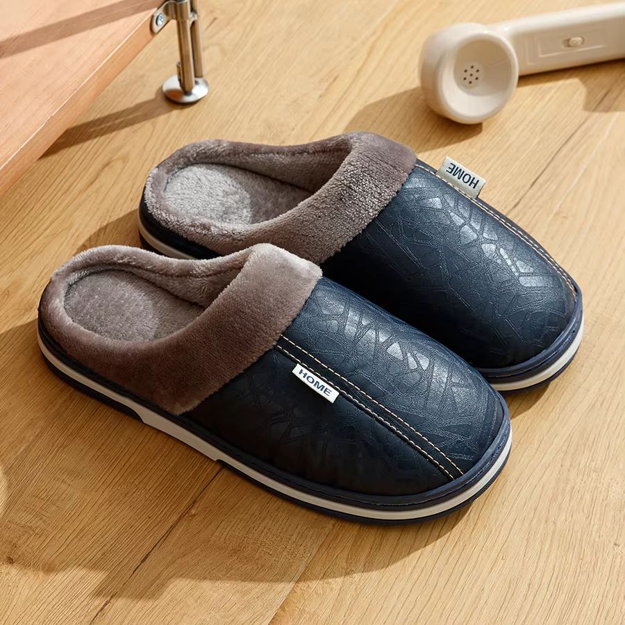 Men Winter Slippers Waterproof PU Leather Fur Lined Indoor Shoes 6
