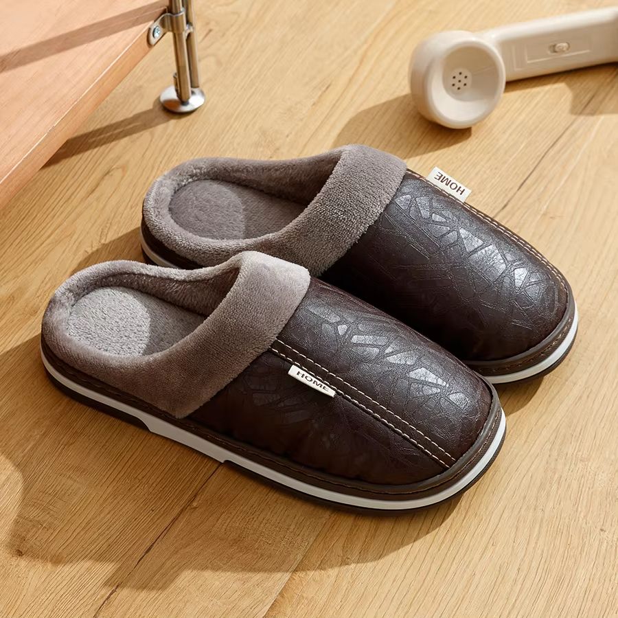 Men Winter Slippers Waterproof PU Leather Fur Lined Indoor Shoes 8