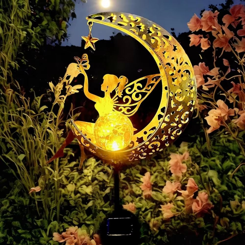Solar Fairy Moon Garden Statue – Outdoor Light Stake for Patio & Yard