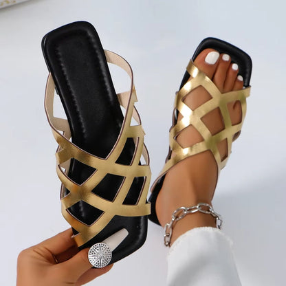 Women Solid Color Woven Sandals Soft Sole Casual Slides 1