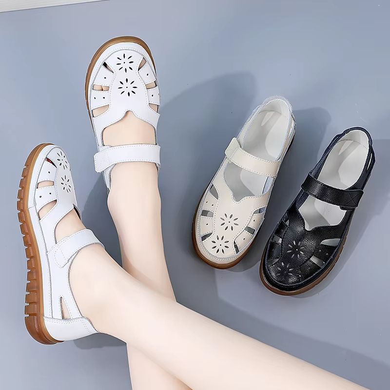 Women Summer Breathable Leather Sandals Non Slip Casual Roman Open Toe Flats 1