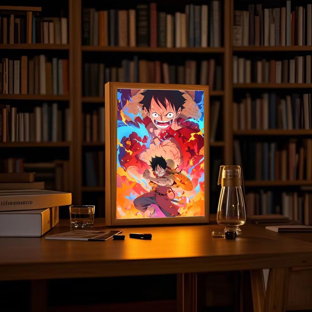 Anime LED Light Painting Photo Frame – One Piece Luffy & Zoro Night Lamp, Bedroom Manga Decor, Gift for Fans