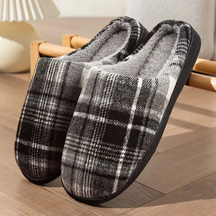 Men's House Slippers Plaid Memory Foam Warm Furry Indoor Bedroom Shoes