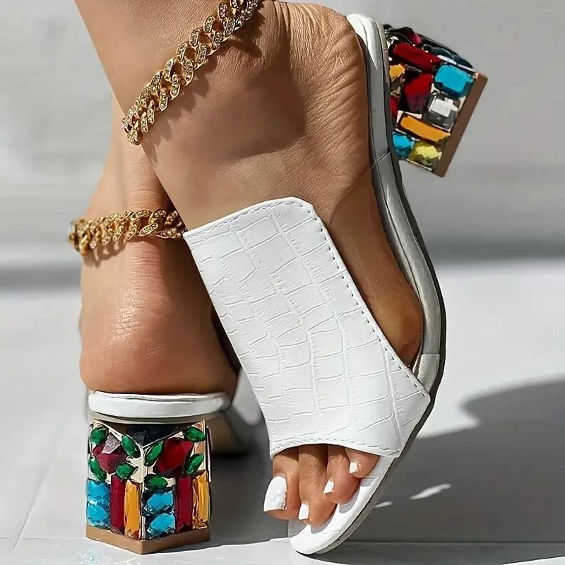 Women Crystal Square Heel Open Toe Sandals For Summer 1