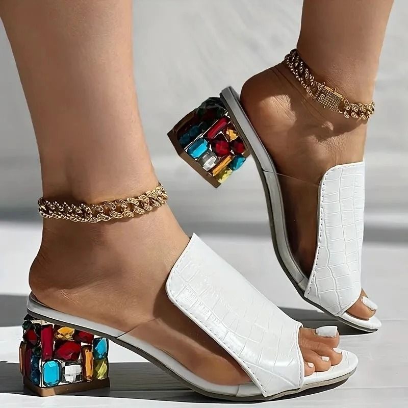 Women Crystal Square Heel Open Toe Sandals For Summer 4