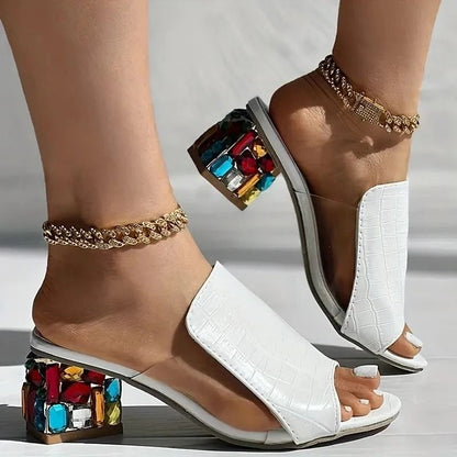 Women Crystal Square Heel Open Toe Sandals For Summer 4