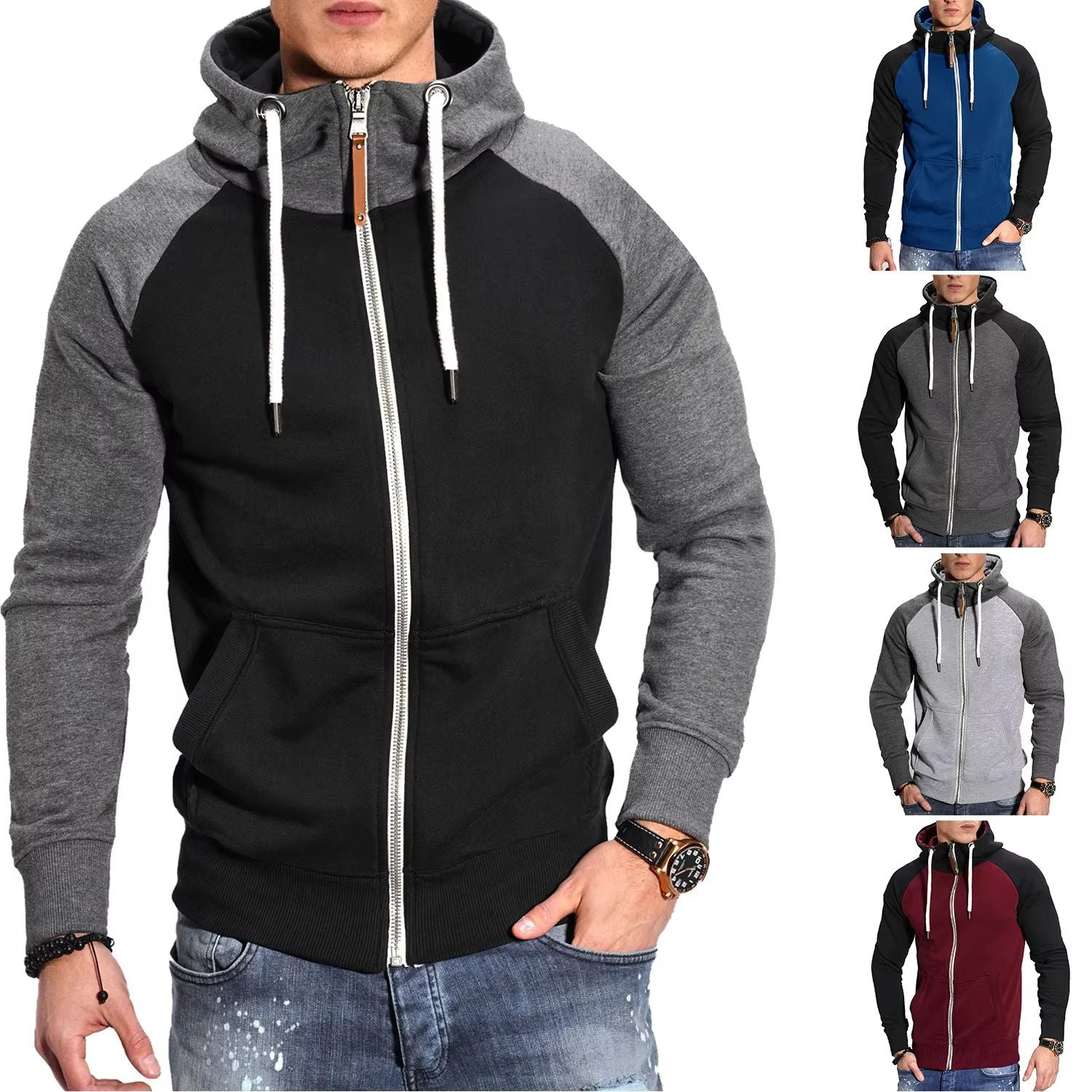 Men's High Neck Zipper Hoodie Long Sleeve Pullover Sweatshirt Jacket
