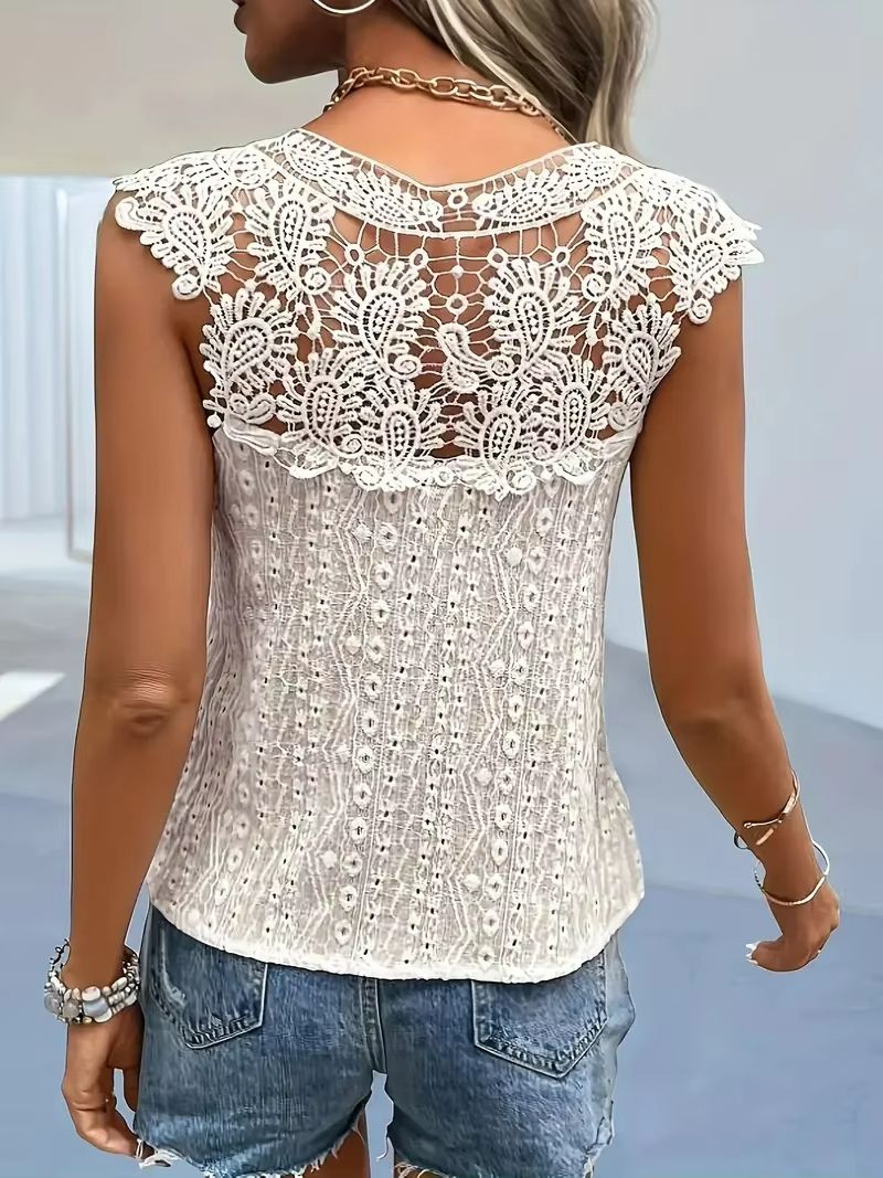 Elegant Lace Patchwork VNeck Sleeveless Top  Womens Summer Casual Chic Blouse 1