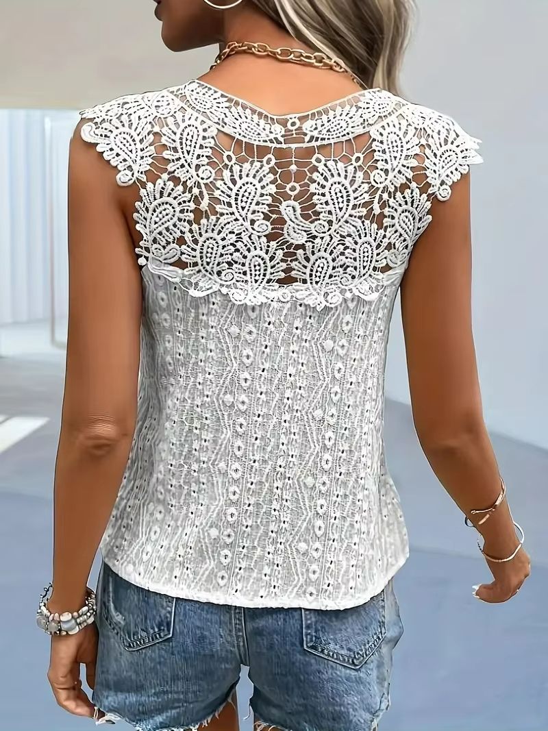 Elegant Lace Patchwork VNeck Sleeveless Top  Womens Summer Casual Chic Blouse 5