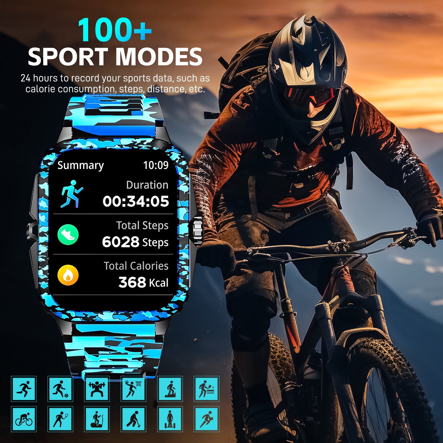 Smart Watch Waterproof Men Fitness Tracker, Bluetooth Call, Heart Rate, Original Camouflage Design