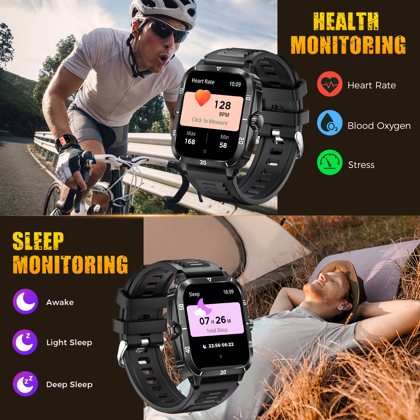Smart Watch Waterproof Men Fitness Tracker, Bluetooth Call, Heart Rate, Original Camouflage Design