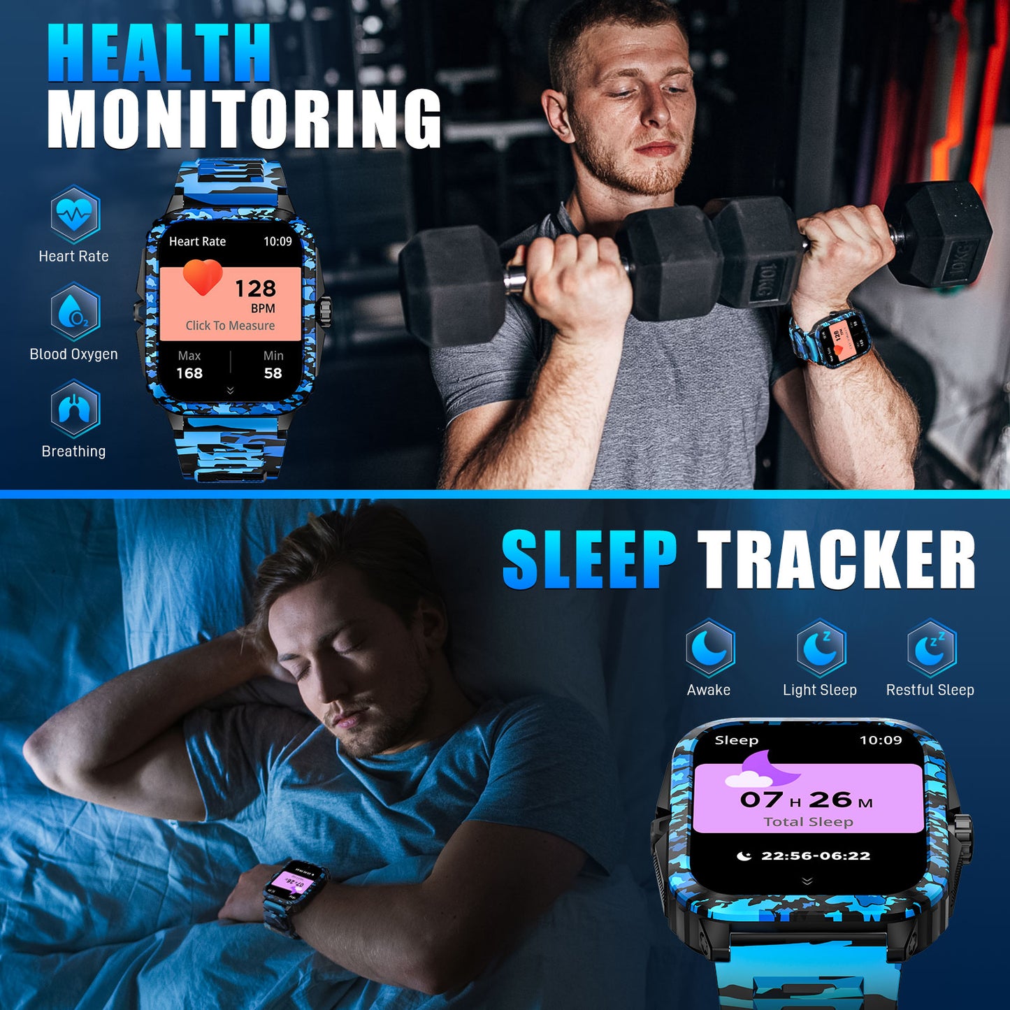 Smart Watch Waterproof Men Fitness Tracker, Bluetooth Call, Heart Rate, Original Camouflage Design