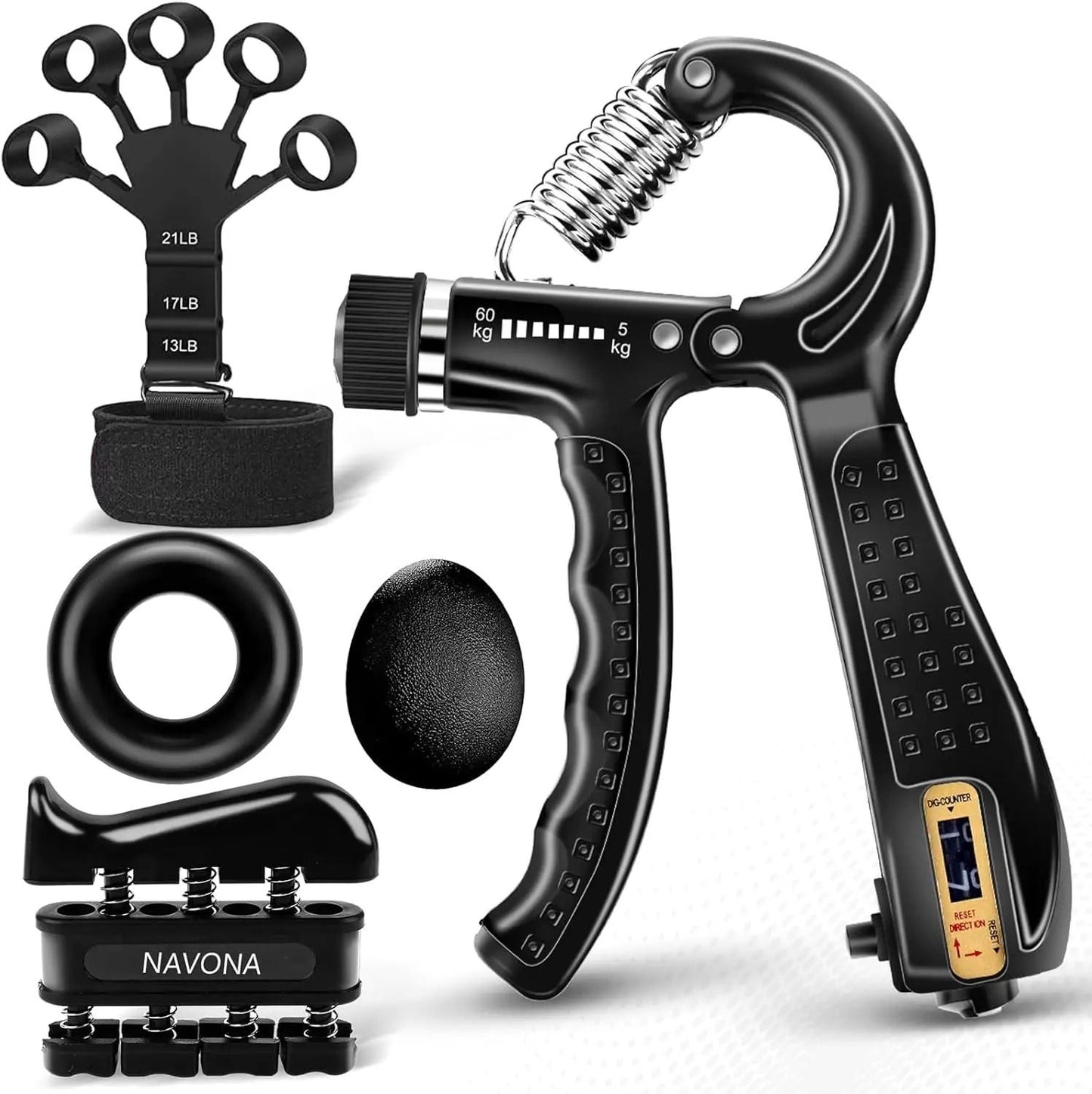 Grip Trainer Kit with Adjustable Hand Gripper, Finger Exercisers, Stress Ball, and Forearm Ring