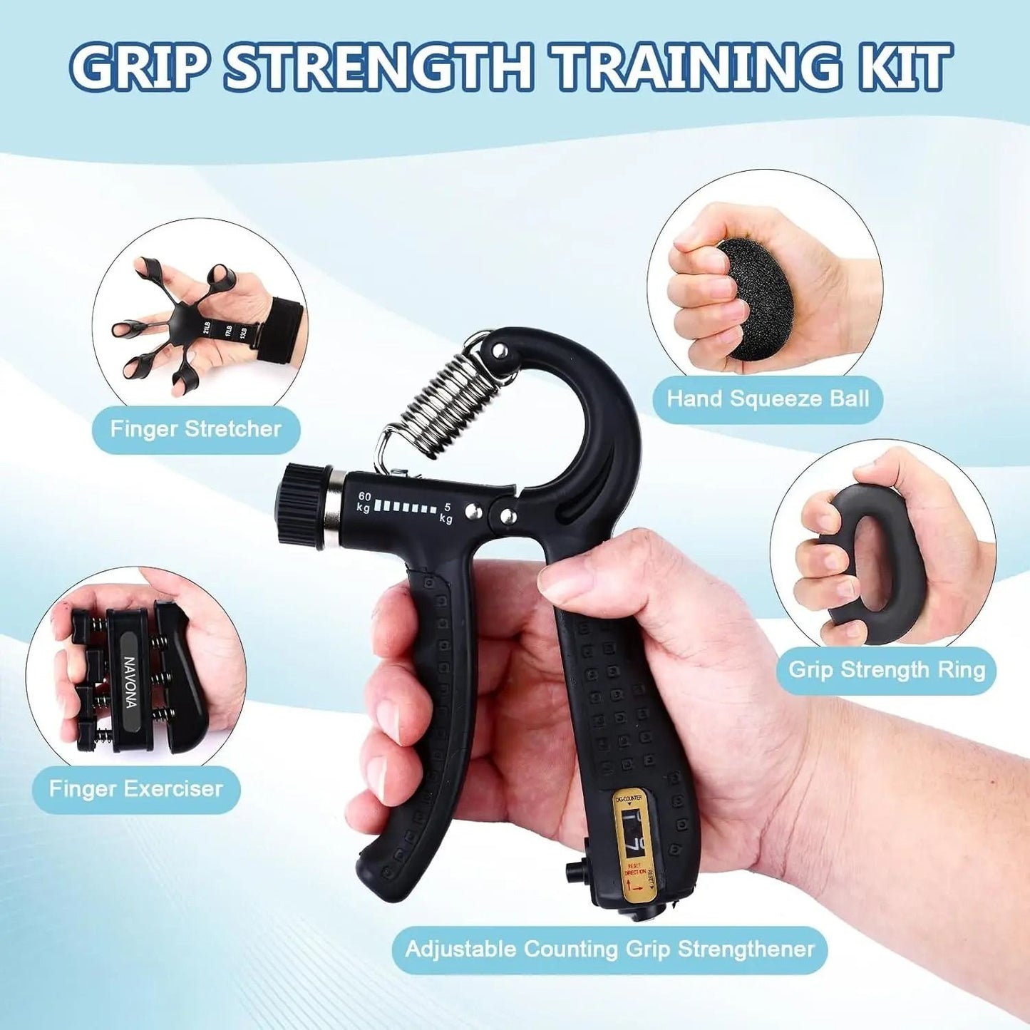 Grip Trainer Kit With Adjustable Hand Gripper Finger Exercisers Stress Ball And Forearm Ring 2