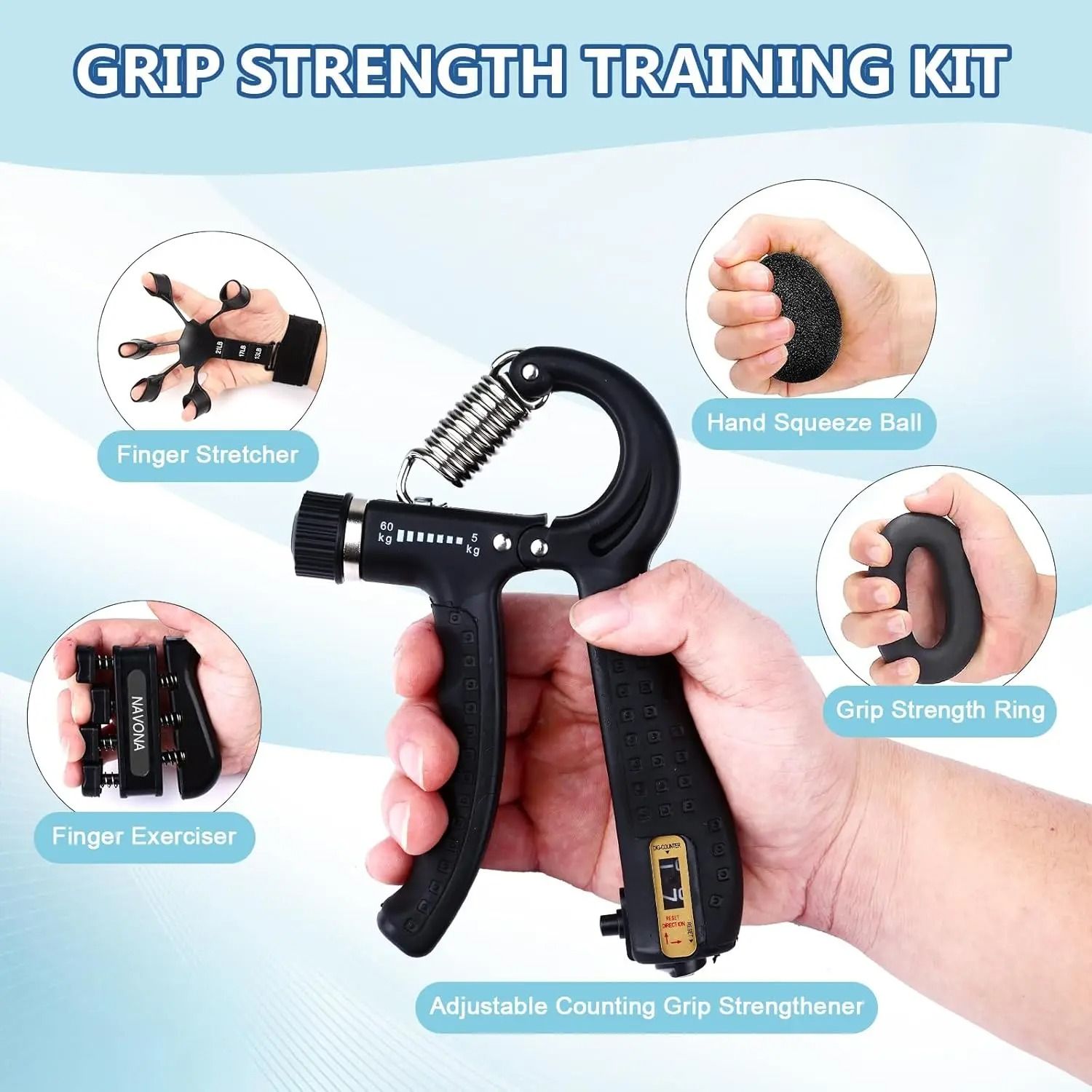 Grip Trainer Kit With Adjustable Hand Gripper Finger Exercisers Stress Ball And Forearm Ring 2