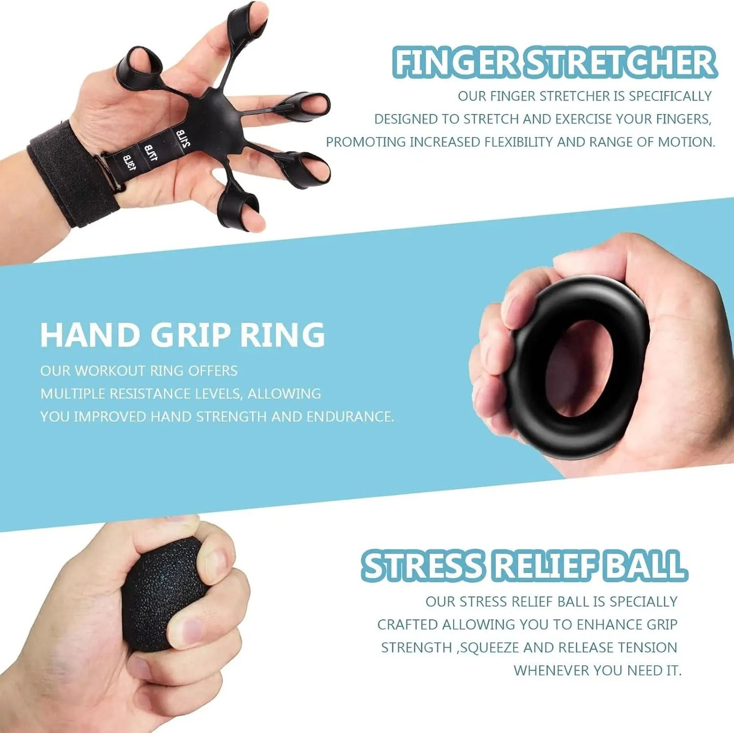 Grip Trainer Kit With Adjustable Hand Gripper Finger Exercisers Stress Ball And Forearm Ring 5
