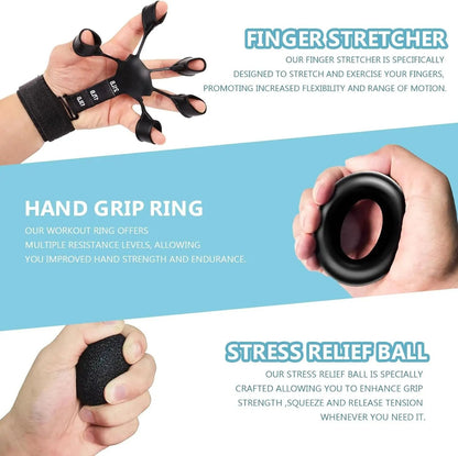 Grip Trainer Kit With Adjustable Hand Gripper Finger Exercisers Stress Ball And Forearm Ring 5