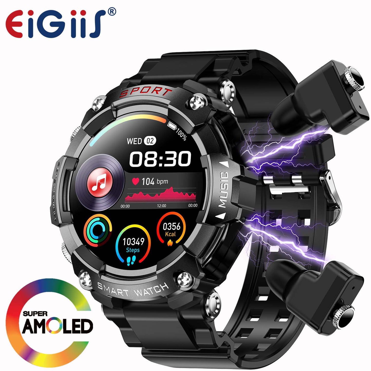 AMOLED Display Smart Watch with In-Ear Bluetooth Headset, Heart Rate, Blood Pressure, Oxygen Saturation, HD Audio