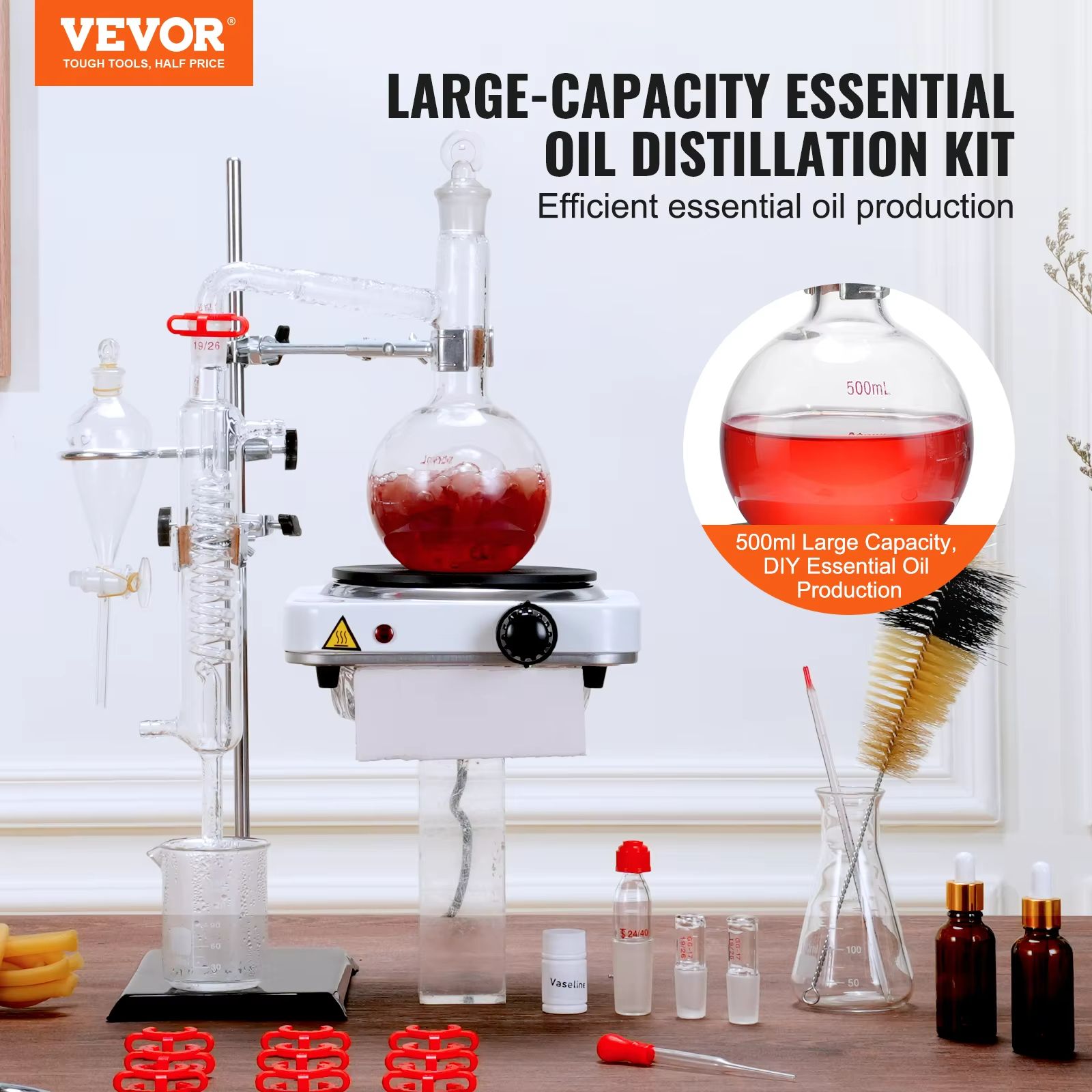 Premium VEVOR Essential Oil Distillation Kit  500ml Glass Flask  1kW Heating Plate 1