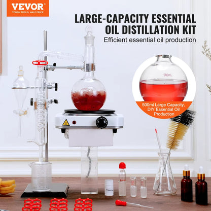 Premium VEVOR Essential Oil Distillation Kit  500ml Glass Flask  1kW Heating Plate 1