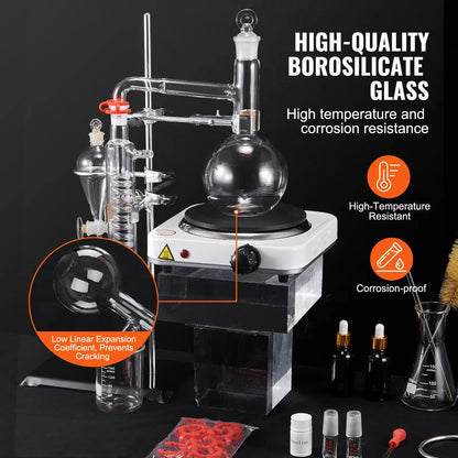 Premium VEVOR Essential Oil Distillation Kit  500ml Glass Flask  1kW Heating Plate 2